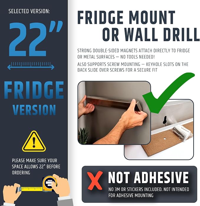 22" Premium Magnetic Knife Holder for Refrigerator (Double-Sided Heavy-Duty Magnets) - Upgraded Strip for Strong Fridge Mount - Clear Up Counter Space - 304 Anti-Rust Stainless Steel (Upgraded Design) - Image 3