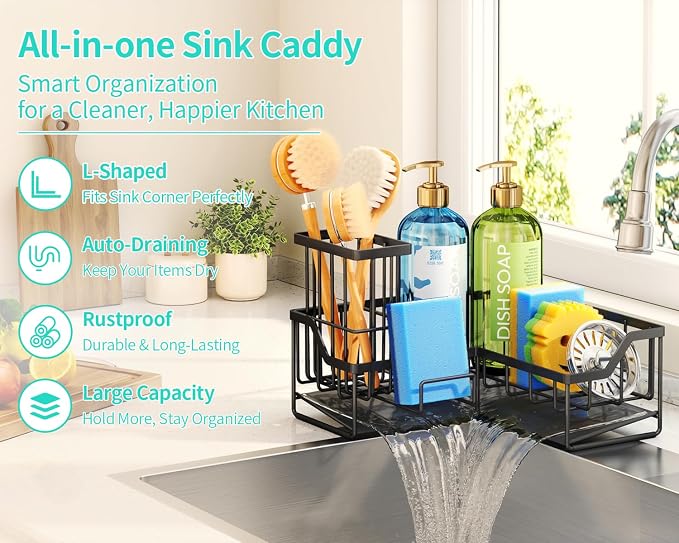 HapiRm Sponge Holder for Kitchen Sink - Rustproof L-Shaped Sink Caddy | Stainless Steel Kitchen Organizer for Corner, Self-Draining 3-in-1 Dish Brush and Sponge Storage, Space-Saving - Black(Large) - Image 2