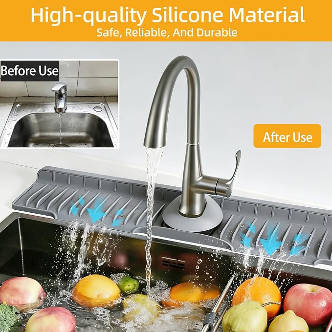 24" Silicone Sink Mat for Kitchen(Released in 2026), Grey | 8° Slope for Quick Self-draining, Sink Splash Guard Behind the Faucet, Narrow Water Splash Guard, for Kitchen&Bathroom Area - Image 4