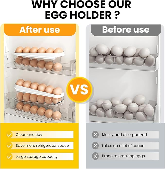 Egg Holder for Fridge, Space-Saving Automatic Rolling Egg organizer for refrigerator, Clear Stackable Egg container for refrigerator, Egg Storage with Lid, Home Egg Dispenser & Tray (2-layer) - Image 4