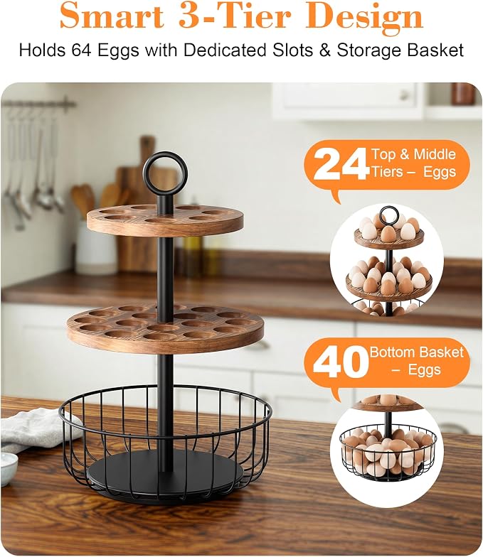 3-Tier 360° Rotating Egg Holder with Basket, Holds 64+ Eggs | Rustic farmhouse egg rack, 3-tier 360° rotating; ventilated wooden trays, metal basket. Holds 24+40 eggs. - Image 3