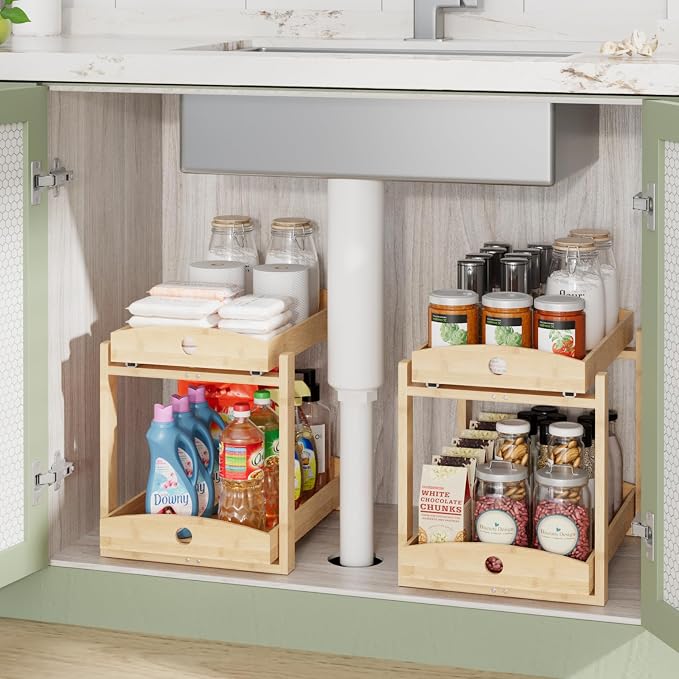 2 Pack Bamboo Under Sink Organizer, 2-Tier Pull-Out Drawers, Kitchen & Bath | Pull-out drawers keep cleaners and tall bottles visible, organized and easy to reach in kitchen or bathroom cabinets - Image 4