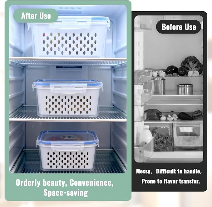 3 PCS Fruit Storage Containers for Fridge with Removable Colander | Berry Produce Storage Containers for Fridge with Strainer Lid Leakproof Containers Keep Fruits Vegetables Fresh - Image 7