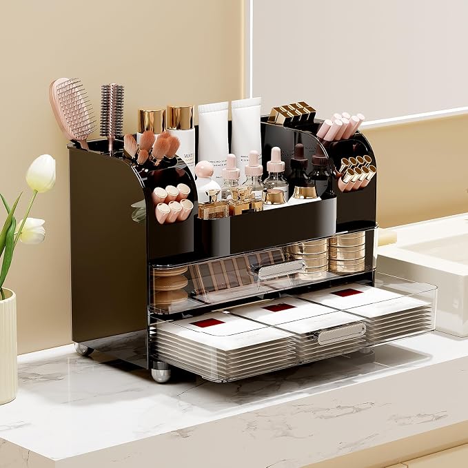 UFORU Makeup Organizer Countertop with 2 Large Drawers for Vanity Bathroom | Brush Holder, Large Capacity, Thickened Plastic, Compact Footprint, Space-Saving Design, Easy Clean, Ideal for Dorm Rooms - Image 2