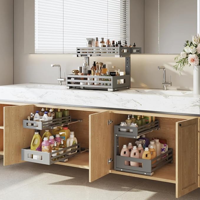 2-Pack Under Sink Organizers and Storage,2-Tier L Shape Pull Out Cabinet Organizer With Round Tube Slide Rails,Hight Adjustable Slide Out Drawers for Kitchen&Bathroom,Multi-Purpose Storage Shelf-Gray - Image 8