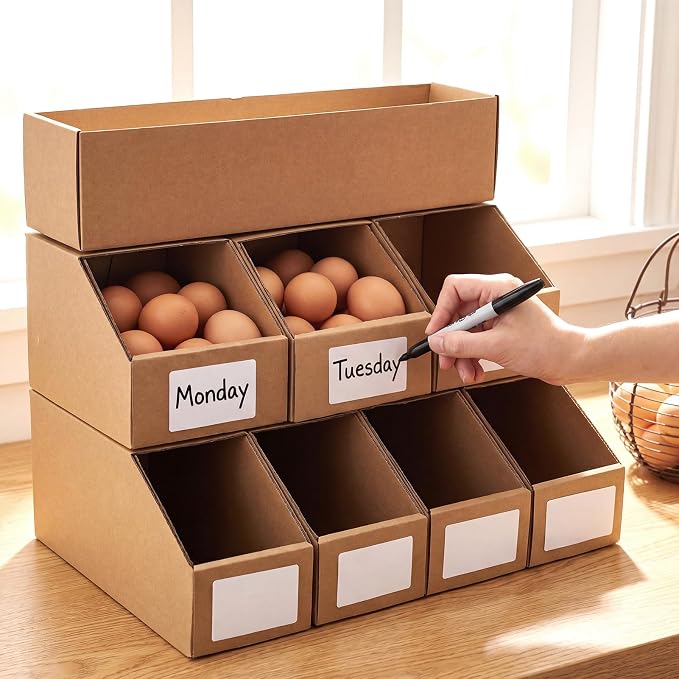 Egg Holder Countertop with 7 Dividers, 3 Tier Stackable Cardboard Chicken Egg Organizer for Gathering 283 Eggs, Fresh Egg Storage with 7 Write & Wipe Labels for Kitchen Counter - Image 4