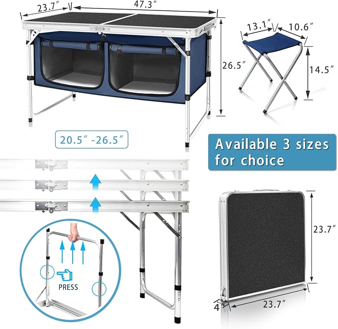 Folding Camping Table with Storage Compartment Aluminum Lightweight Camp Kitchen Table Height Adjustable Indoor/Outdoor Table Perfect for Tailgating, Backyards, BBQ, Picnic (Black-Wide W/Stool) - Image 2