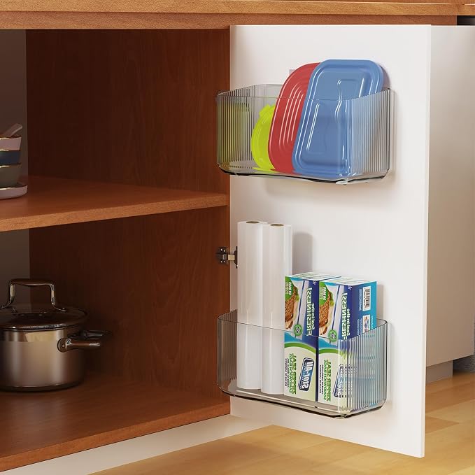 MaraFansie 4 Pack Over Cabinet Organizer Storage Lid Organizer Caddy Space Saver No Drilling Adhesive Hook Over Door Organizer, Clear Gray - Image 2
