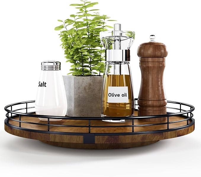 AMH 12-Inch Farmhouse Oak Lazy Susan Organizer, Walnut Finish | Smooth rotating oak tray with walnut finish for dining tables, kitchen counters, pantries and cabinet storage. by AMH