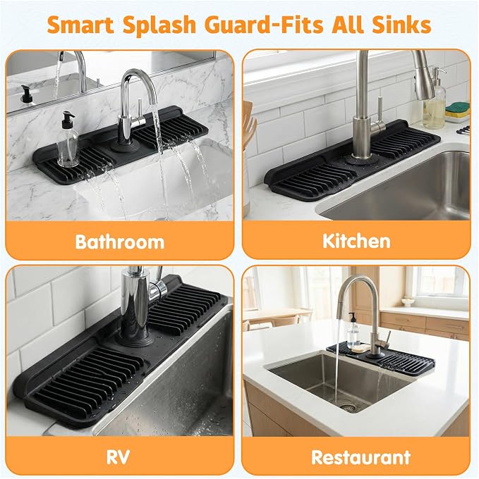 Silicone Faucet Mat for Kitchen Sink, 17" Splash Guard 7° Slope Fast Drain | Adjustable hole cutout for easy install, fits kitchen & bathroom sinks; food-grade silicone, easy to clean, keeps counter dry - Image 7