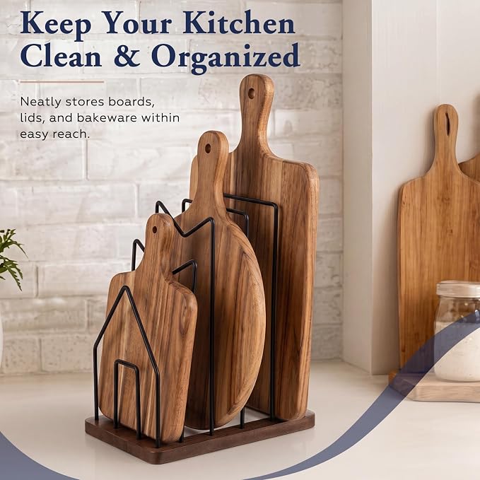 5 Slot Cutting Board Holder for Counter, Black Metal Kitchen Cabinet Organizer with Rustic Brown Wooden Base, Kitchen Countertop Pots Pan Lids Rack Organizer (1 Pc) - Image 2