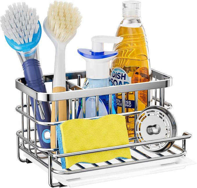 HapiRm Kitchen Sink Organizer, SUS304 Stainless Steel Rustproof Multifunctional Large Sink Caddy with Sponge Holder and Drain Tray for Kitchen Countertop (Silver) by HapiRm