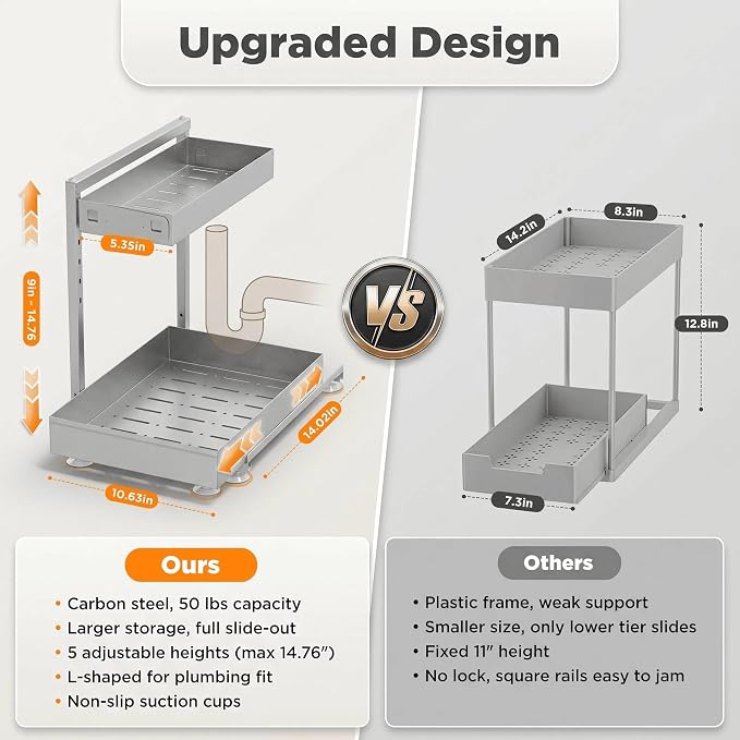 TATAANTY Under Sink Organizer, L-Shaped Metal 2-Tier Double Pull-Out Drawer for Kitchen & Bathroom Cabinets, Adjustable Height Storage - 50lbs Heavy Duty Waterproof 2PCS Height Adjustable - Image 3