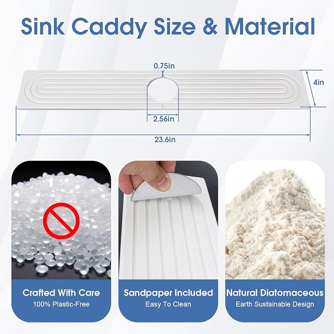 Faucet Mat for Kitchen Sink, Diatomite Drying Stone Mat Sink Protector, Faucet Splash Guard for Bathroom Counter for Bathroom, Laundry, Bar, White, 23.6" x 4" - Image 3