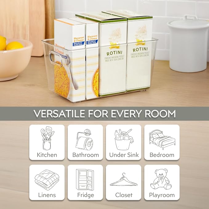 Set of 4 Clear Plastic Storage Bins With Handles, Containers To Organize Pantry, Fridge, Cabinet, Kitchen, Countertop, Closet, Cupboard, Home Organization and Storage - Image 4