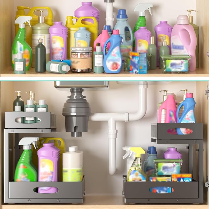 Under Sink Organizer, Extra-Wide Upgrade, 2-Pack of 2-Tier Metal Slide Out Cabinet Organizer, Height Adjustable Organization and Storage Series, Bathroom/Cabinet/Kitchen organization, Black - Image 6