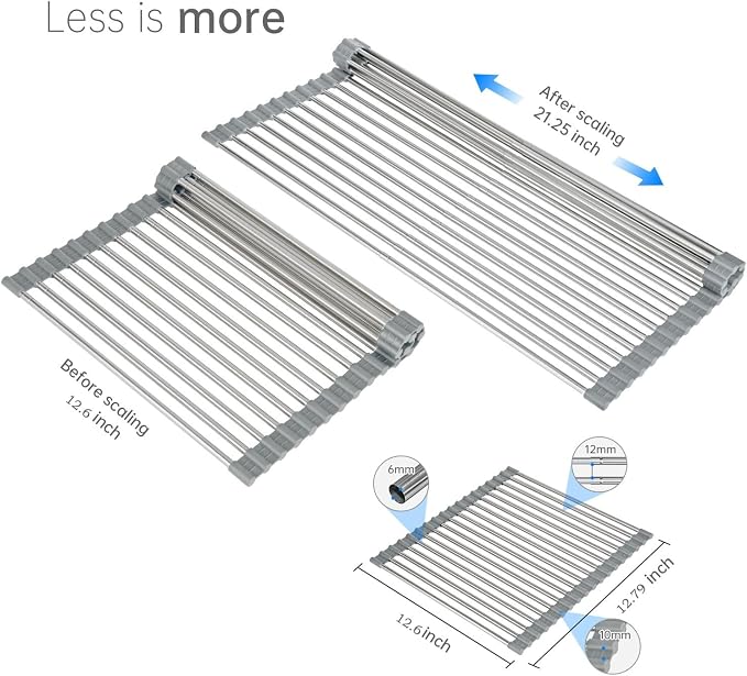Large Expandable Roll Up Dish Drying Rack, Heat-Resistant Dish Drainer for Stainless Steel Sinks, Over The Sink Non-Slip Silicone Rollable Dish Drainer Roll Rack 18 Tube Gray 21.25''x12.79'' - Image 2