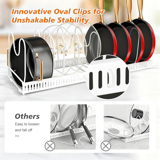 Expandable Pots and Pans Organizer Rack for Under-Cabinet Storage - Adjustable Kitchen Cabinet Organizer with 13 Dividers, Cutting Board Holder & 6 Non-Slip Silicone Pads-White - Image 5
