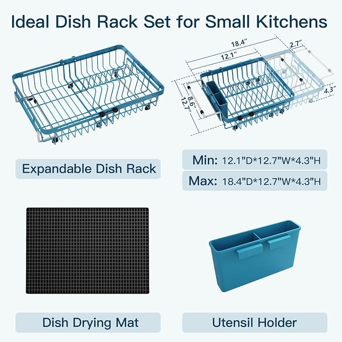 Blue Dish Drying Rack Over The Sink with Utensil Holder, Mat | Expandable Stainless Steel Dish Drainer for Small Kitchen, Apartment, RV, Counter Space Saving, Perfect Fit, Rustproof - Image 2
