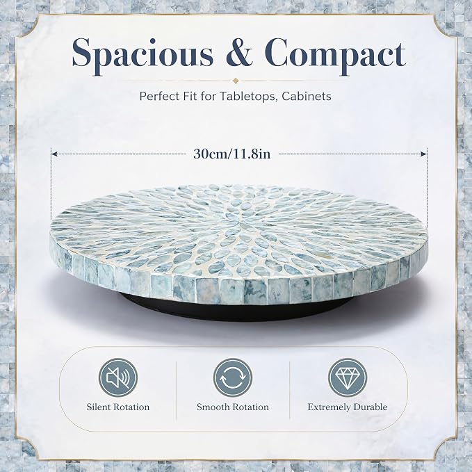 Reallnaive Mother of Pearl Lazy Susan for Table Turntable Organizer Marble Patterned Lazy Susan Wood Spinning Tray Rotating for Kitchen Cabinet Spice Pantry 12 Inch(Round,Blue Floral Petal) - Image 7