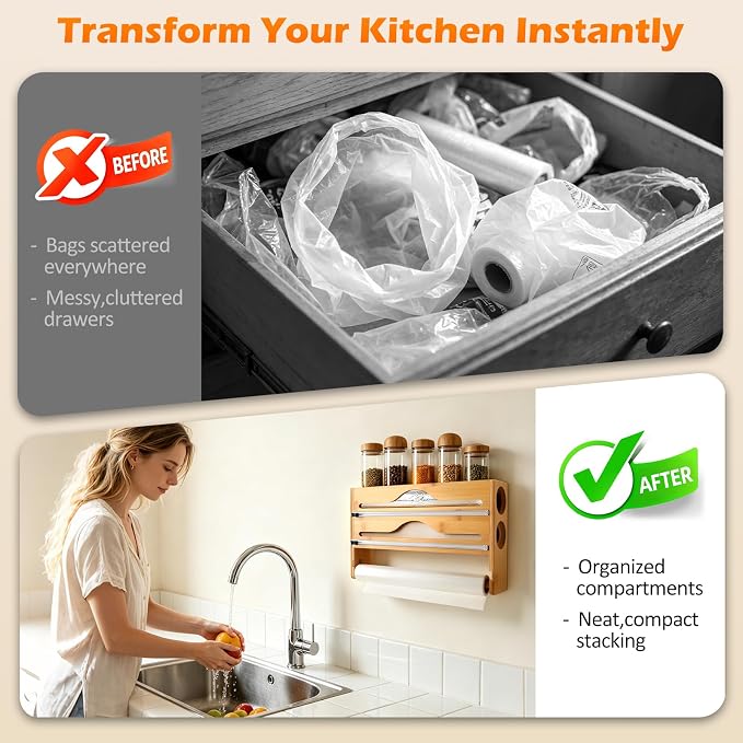 Plastic Wrap Dispenser with Cutter, 3 in 1 Tin Foil Wrap Dispenser Wall-Mounted Organizer for Baking Paper, Wax Paper Holder Kitchen Storage Box (Wood) - Image 6