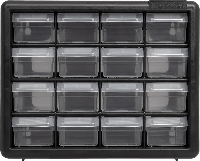 Akro-Mils 16-Drawer Plastic Storage Cabinet, 10.5"W x 6.5"D x 8.5"H, Black | Plastic Cabinet w/ Drawers for Garage Organization, Beads, Makeup Organizer, Building Bricks Storage, Teacher Toolbox, 10116 - Image 16