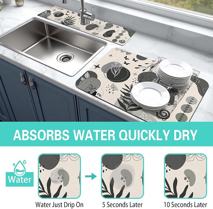 Dish Drying Mat for Kitchen Counter Matt, 2PCS 23"x15" Dish Drainer Mat & 24"x5.5" Sink Splash Guard, Super Absorbent Non-slip Rubber Backed - Image 3