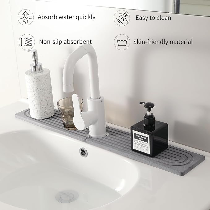 Diatomite Faucet Mat for Kitchen Sink, Quick-Dry Stone-Like Sink Mat, Flat Lay Absorbent Countertop Drying Mat for Faucet Area, Hard Diatomite Mat, Gray, 23.6 x 4 in - Image 2