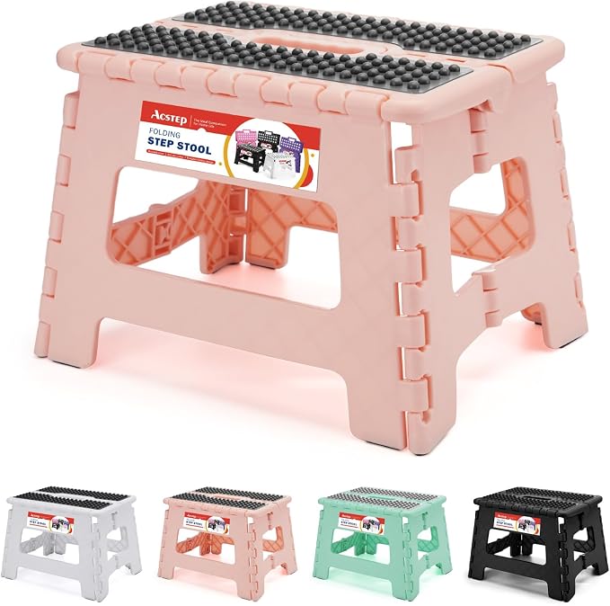 9 Inch Folding Step Stool 300 LB Capacity Non Slip Foot Stool with Handle Plastic Foldable Step Stools for Kids Stepping Stool for Bathroom Black Small Step Stool (1 PC Pink) | Heavy Duty Foldable Stools, Lightweight, Holds 300 lb, for Toddler Kitchen ... by ACSTEP