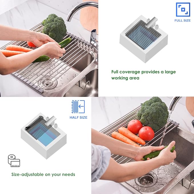 Tomorotec Roll Up Dish Drying Rack Over Sink, SUS304 Steel, 21x11.8, Gray | Heat Resistant to 550°F With Non-Slip Silicone Grips, Multipurpose Trivet for Hot Pots, Dishwasher Safe - Image 4