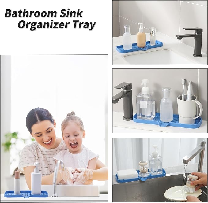 MicoYang Silicone Soap Dish with Drain Spout — Self-Draining Double Sink Organizer Tray for Kitchen & Bath, Dispensers, Sponges & Soap Holder, Non-Slip & Dishwasher Safe, Lichen Blue (Large, 12"×4") - Image 4