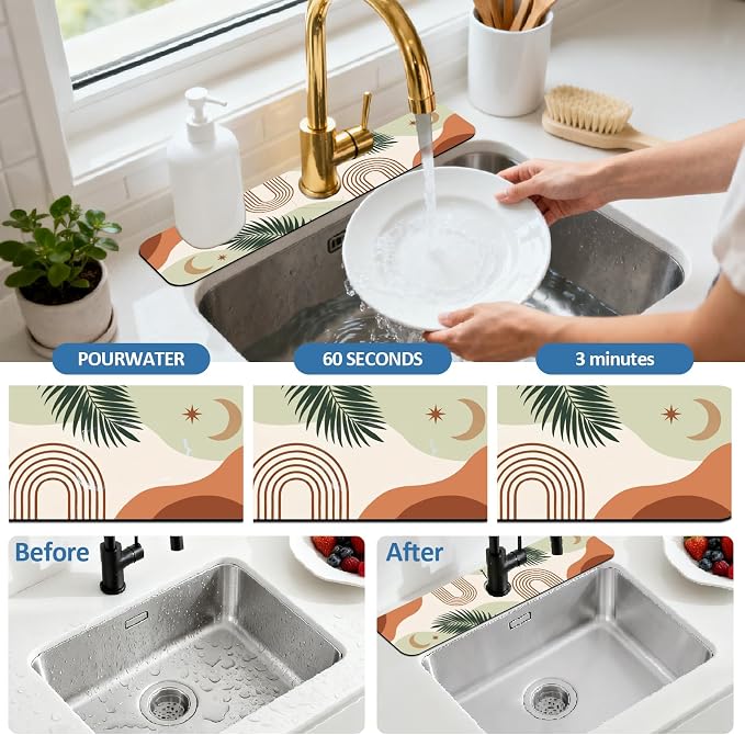 2 Pcs Plant Kitchen Sink Splash Guard Faucet Mat Bohemian Tropical Leaves Faucet Mat for Sinks Absorbing Drying Mats for Kitchen Bathroom, 23.6x5.5inch - Image 5