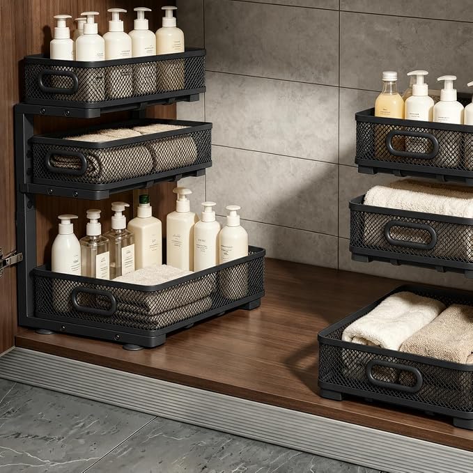 1 Pack 3 Tier Under Sink Organizer, Height Adjustable Heavy Duty Metal Under Cabinet Drawer Pull Out Shelf with Smooth Silent Sliding Design, Organizer and Storag Rack for Kitchen, Bathroom, Black - Image 5