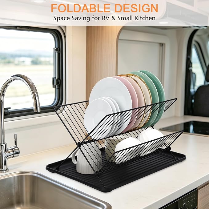 RV Foldable Dish Drying Rack, 2-Tier with Drip Tray, Stainless Steel Collapsible Rack for Sink & Kitchen Countertop, Space-Saving Dish Drainer Organizer for Dishes, Bowls, Plates, Cups - Image 2