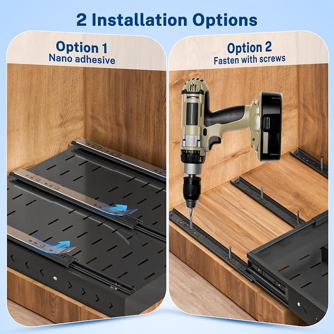 Insputer 1 Pack Pull Out Cabinet Organizer Expandable (12.4"-20.08")W & (16.26"-22.44")D, No Drill Slide Out Drawers with 3 Slide Rail, 2Pcs Magnetic Panel, Adhesive Roll Out Shelf for Kitchen, Pantry - Image 7