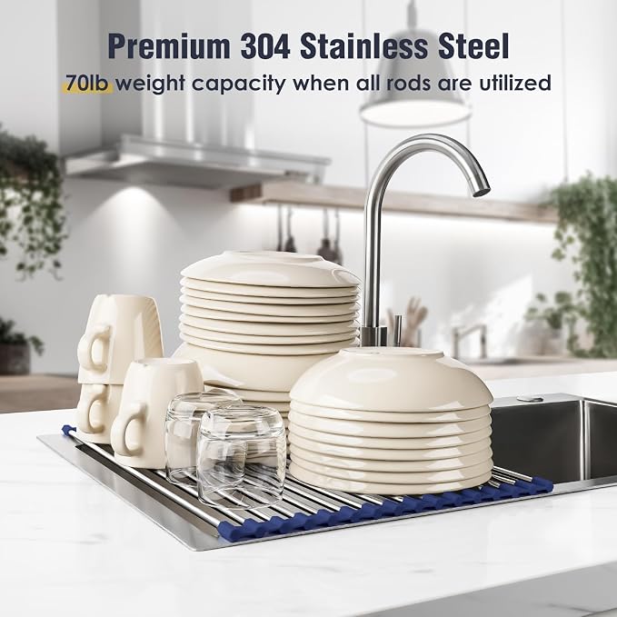 Tomorotec Roll Up Dish Drying Rack Over Sink, 304 Steel, 17.7x12.5, Indigo | Anti-Slip Silicone Rims For Grip, Heat-Resistant Trivet Mat Holding Heavy Cookware, Rustproof Kitchen Counter Space Saver - Image 5