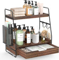 2-Tier Bathroom Counter Organizer with Drawer, Wood Counter Storage Shelf | Bathroom Vanity Organizer Countertop for Makeup, Skincare, Perfume, with Removable Basket, 13.4" x 7.9" x 14.5", Dark Brown by Unknown