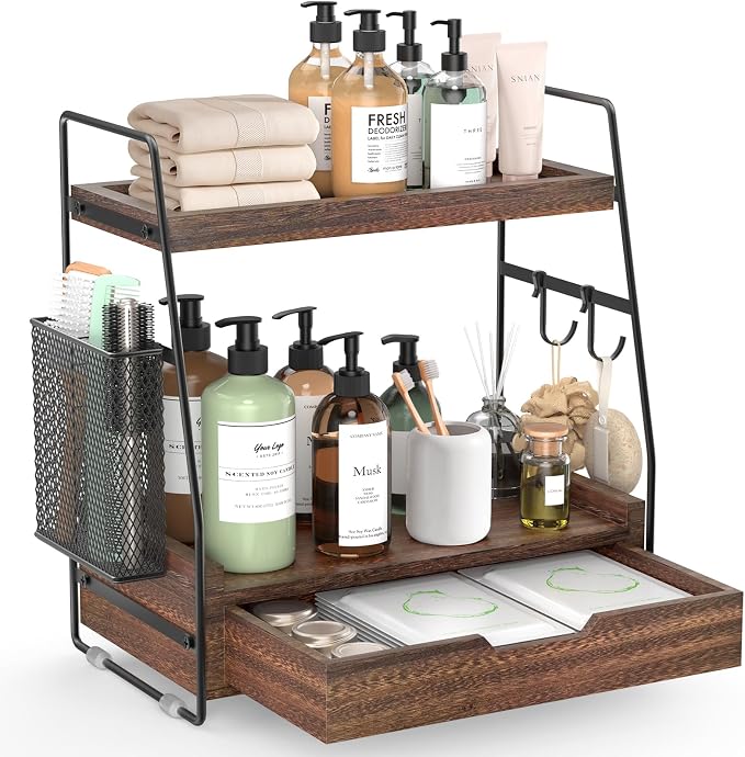 2-Tier Bathroom Counter Organizer with Drawer, Wood Counter Storage Shelf | Bathroom Vanity Organizer Countertop for Makeup, Skincare, Perfume, with Removable Basket, 13.4" x 7.9" x 14.5", Dark Brown by Unknown