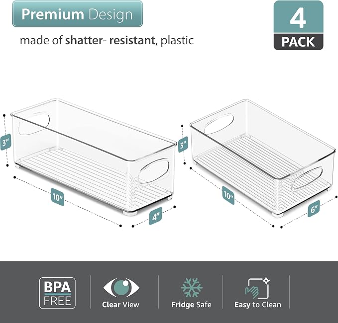 Sorbus Stackable Refrigerator Organizer Bins - Set of 4 Clear Storage Bins for Kitchen Pantry, Freezer & Fridge Organization - Food Organizing Plastic Containers with Handles for Countertops & Drawers - Image 4