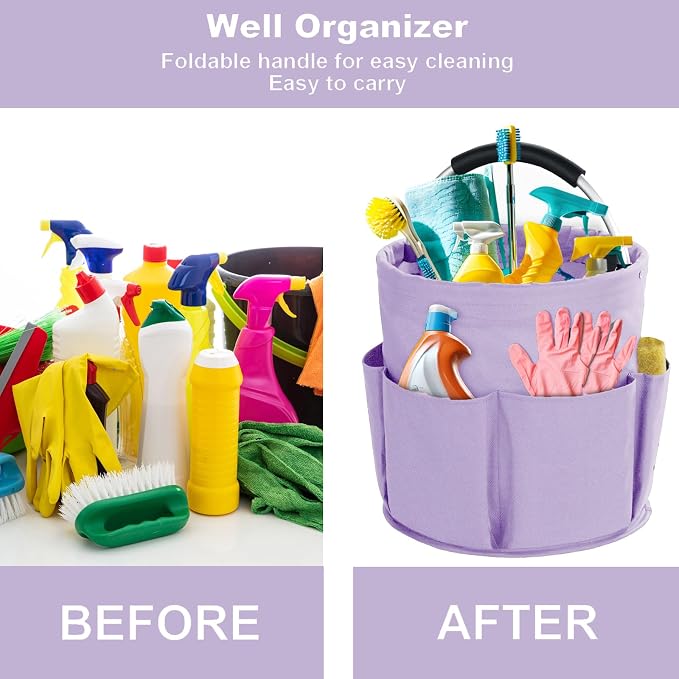 Cleaning Caddy with Handle, Cleaning Products Organiser, 17L Foldable Storage Basket, Cleaning Caddy Organiser, Portable Multi Cleaning Bucket Bag for Home, Garden (Purple) - Image 3