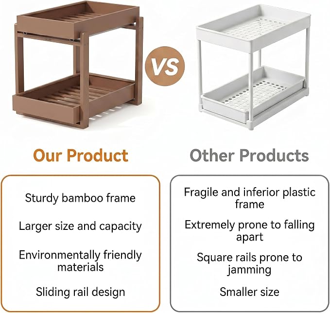 Bamboo Under Sink Organizer Adjustable Height 2 Tier Bathroom Organizer Pull Out Cabinet Storage Kitchen Heave Duty Wood Slide Ou Shelf for Kitchen Bathroom (Black, 2 Packs) (Brown, 2 Pack) - Image 3