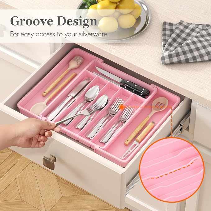 Lifewit Silverware Drawer Organizer, Expandable Utensil Tray for Kitchen, BPA Free Flatware and Cutlery Holder, Adjustable Plastic Storage for Spoons Forks Knives, 10.9"-17.5" x 13.7", Pink - Image 8