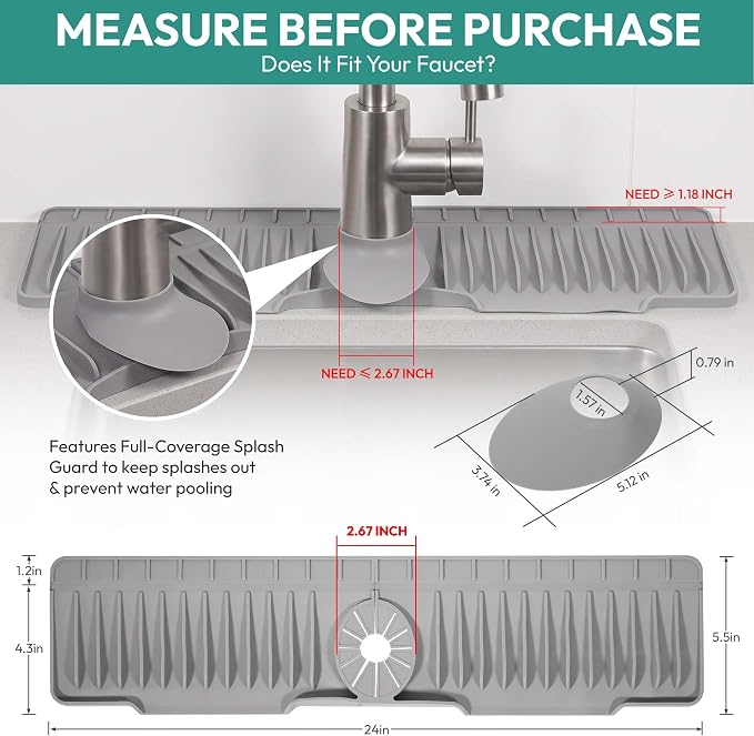 24" Longer Silicone Faucet Mat for Kitchen Sink Splash Guard | 8° Slope Fast Self-Draining, No-Cut Universal Fit Single Faucet Draining Mat, Countertop Protector Kitchen & Bathroom, Grey - Image 3