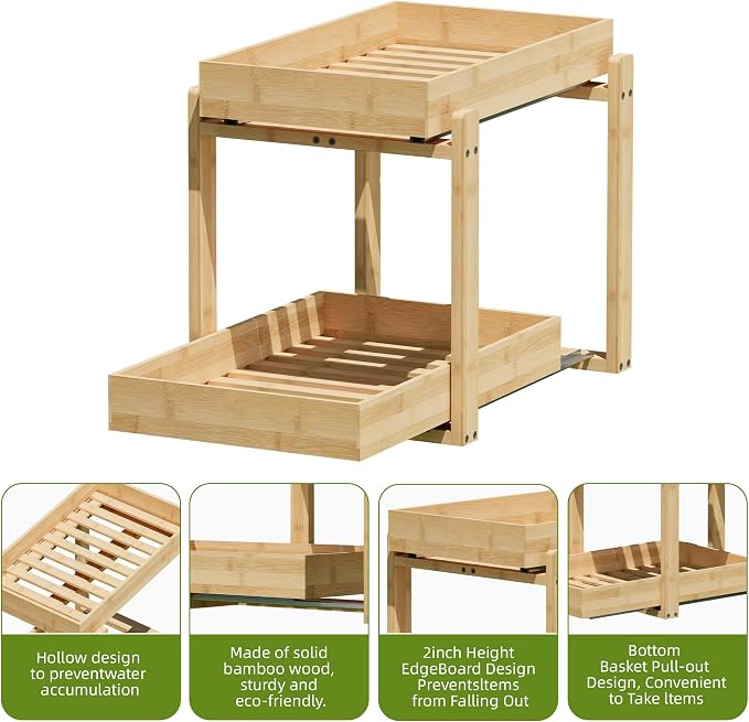 APRTAT 2 Pack Bamboo Under Sink Organizer, 2-Tier Pull Out Storage Drawers | Smooth pull-out drawers keep cleaners and tall bottles visible, organized and easy to reach in kitchen or bathroom cabinets - Image 6