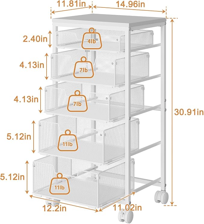 Kitchen Storage Cart with Wheels, 5-Tier Fruit Vegetable Storage Cart, Kitchen Organizer and Storage Cart with Drawers, Wooden Top Metal Wire Pantry Storage Cart for Fruit Snack Onion Potato, White - Image 8