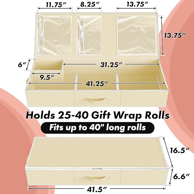 Simple Houseware 41.5" Wrapping Paper Organizer, Fits 40 Rolls, Beige | Adjustable Straps, Interior Divider for Ribbons & Bows, 3 Clear Pockets for Gift Bags & Tools, 41.5"L x 16"W - Image 2