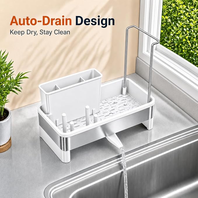 Laveshop Sponge Holder for Kitchen Sink, Rustproof Stainless Steel Sink Caddy with Auto-Drain, Removable Brush Holders, Soap and Dishcloth Organizer, White - Image 3