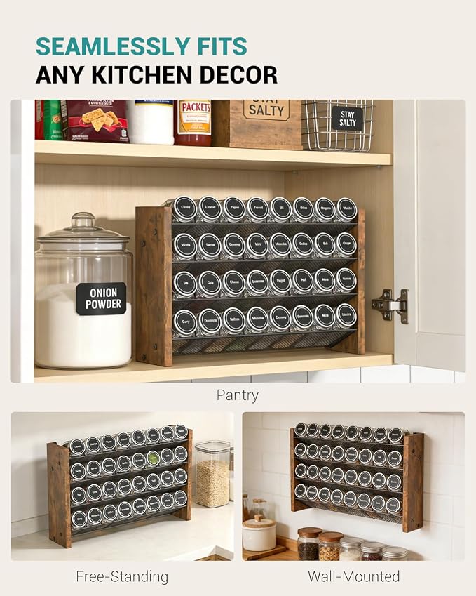 Spice Rack Organizer for Cabinet, Wood Countertop Shelf, No Jars Included | Holds 32 Standard 4 oz Jars, Fits Jars Under 1.8 in Wide, 4-Tier Kitchen Seasoning Organizer, Wall Mount, 15.7" W x 10.3" H - Image 6