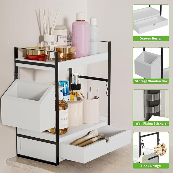 2-Tier Bathroom Counter Organizer, Wooden Vanity Shelf with Drawer & Basket | Pre-Drilled Holes, Skincare & Makeup Countertop Organizer and storage, White - Image 3