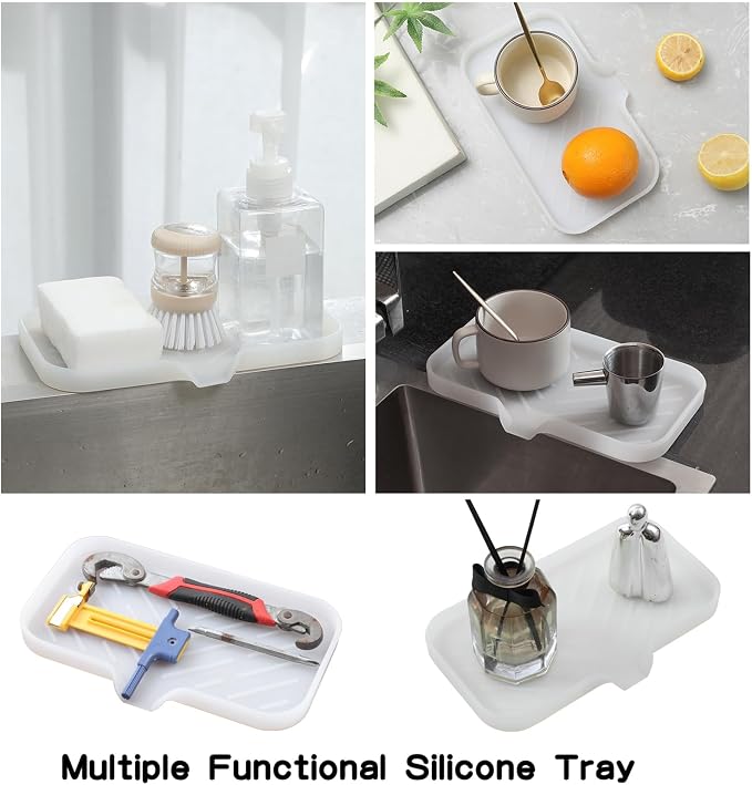 MicoYang Silicone Soap Dish with Drain Spout — Self-Draining Sink Organizer Tray for Bathroom & Kitchen, Sponges, Dispensers & Soap Holder, Non-Slip & Dishwasher Safe, Translucent (Medium, 9.6"×5.3") - Image 5